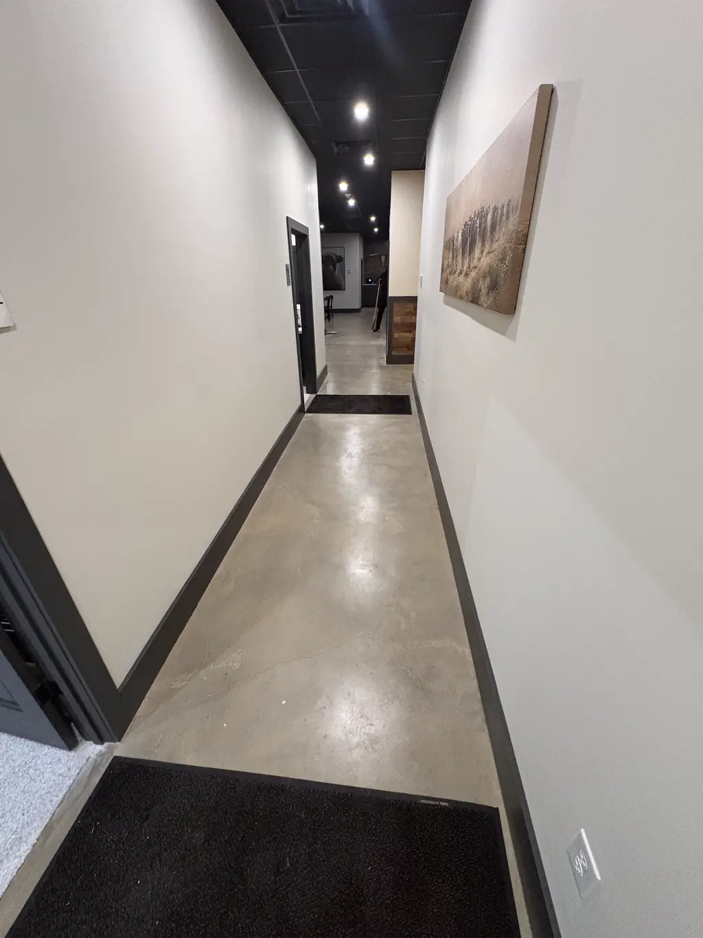 Commercial hallway with a polished and sealed concrete floor and dark baseboards